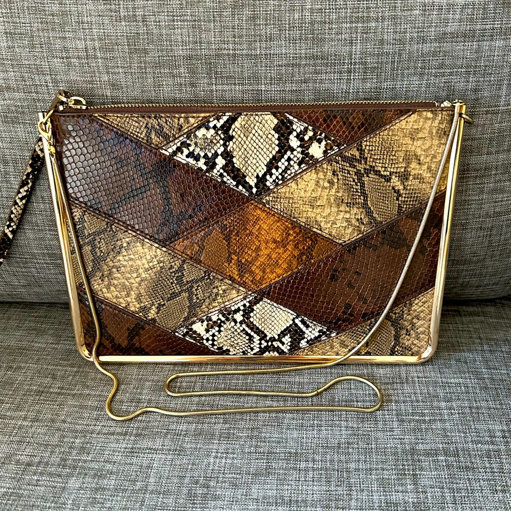 Mango Snakeskin Embossed Double Sided Pattern Patchwork Crossbody Clutch